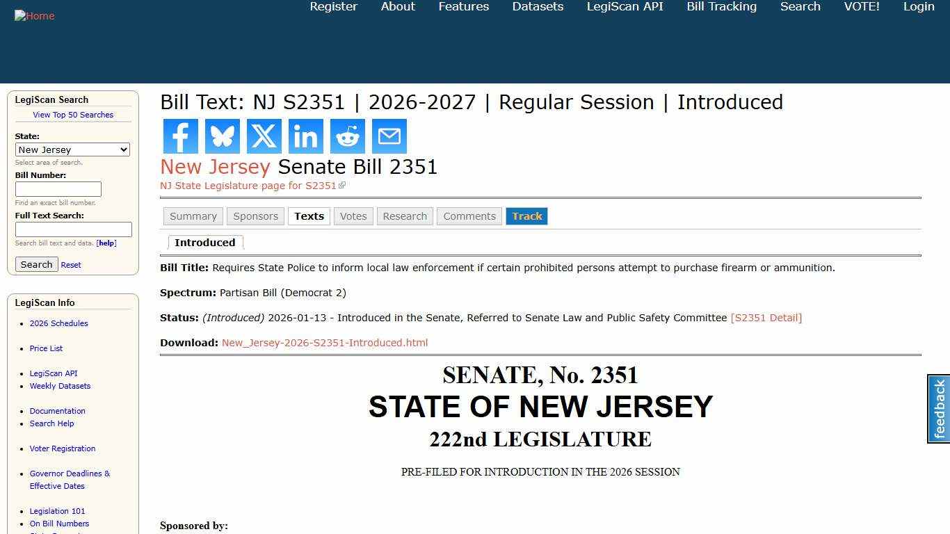 Bill Text: NJ S2351 2026-2027 Regular Session Introduced LegiScan